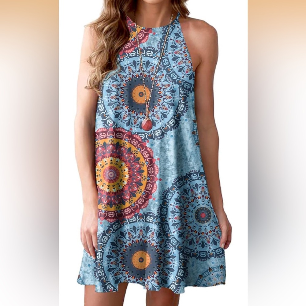 Boho Mandala Print Tank Dress - Blue/Multicolor